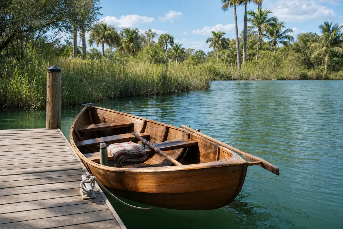 A wooden rowboat rests on a dock beside a calm green waterway with reeds and palm trees. No people are present.