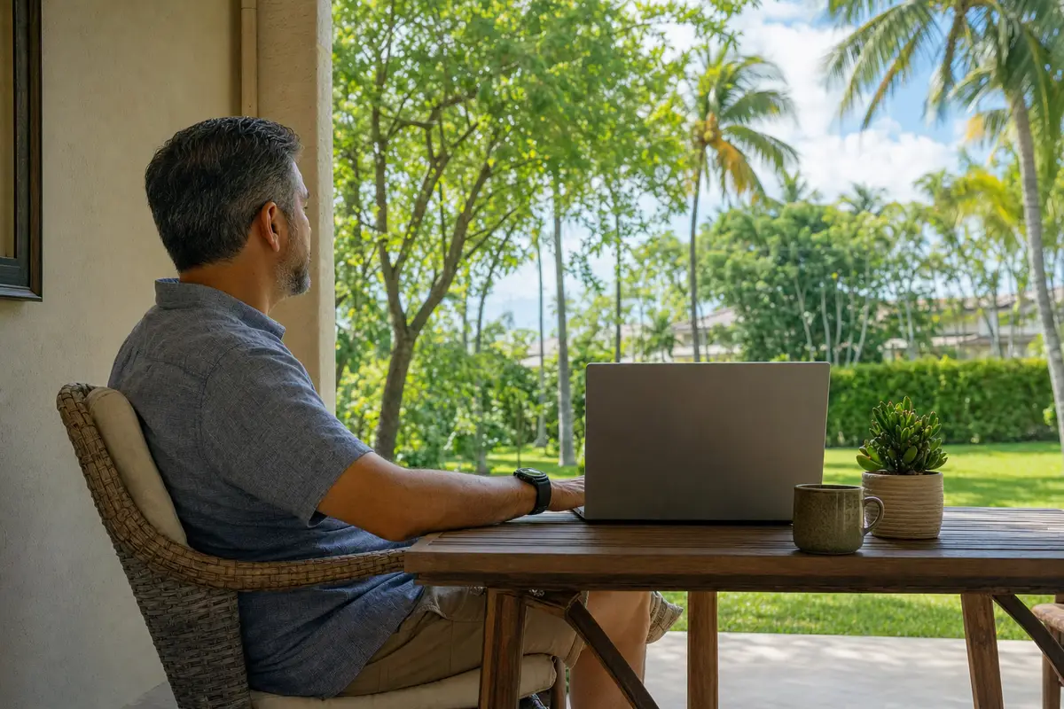 A man sits in a wicker chair outdoors at a table with a laptop, a plant and a green hedge behind him.