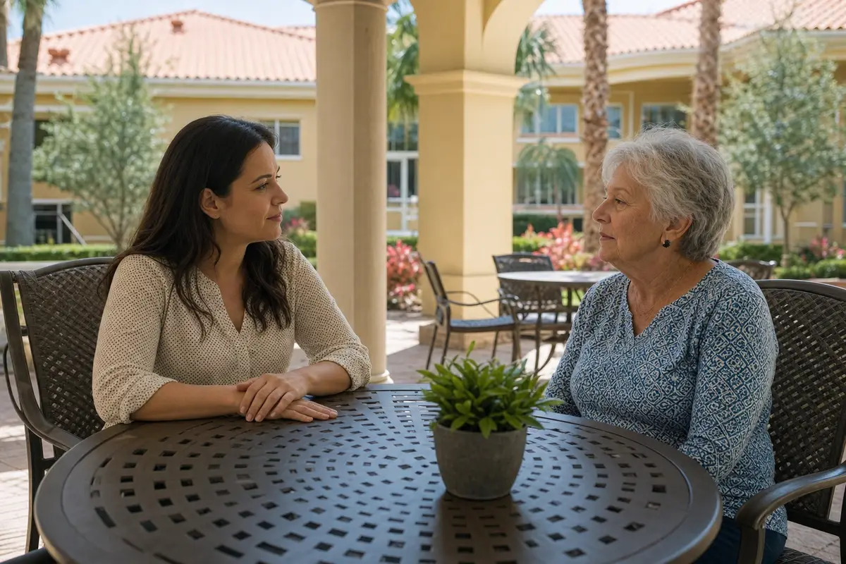 A woman talking with another woman at a round metal table in a sunny courtyard
