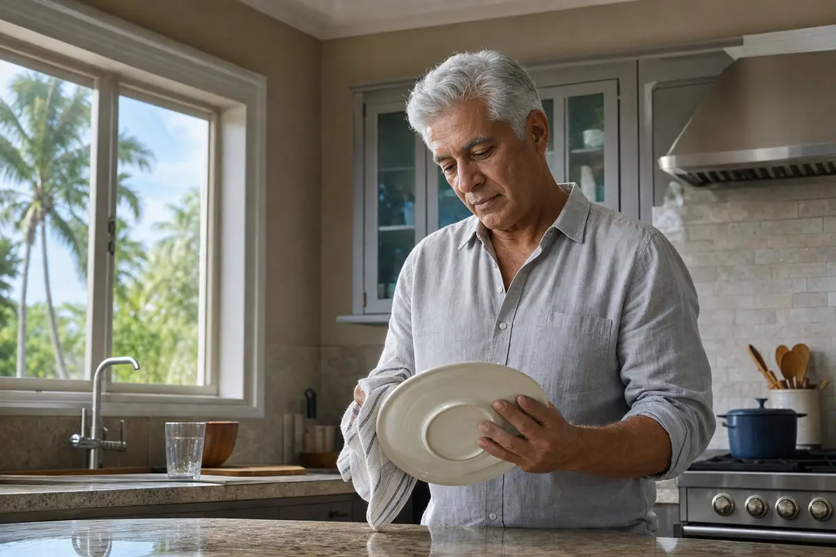 An older man in a light linen shirt holds a plate at a kitchen counter with a window and a tiled backsplash behind him.