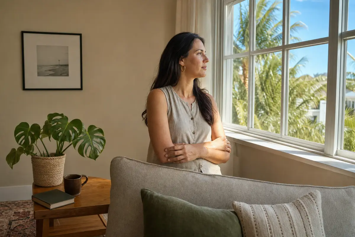 A woman in a sleeveless linen top stands by a bright window, looking out toward palm trees in a calm living room