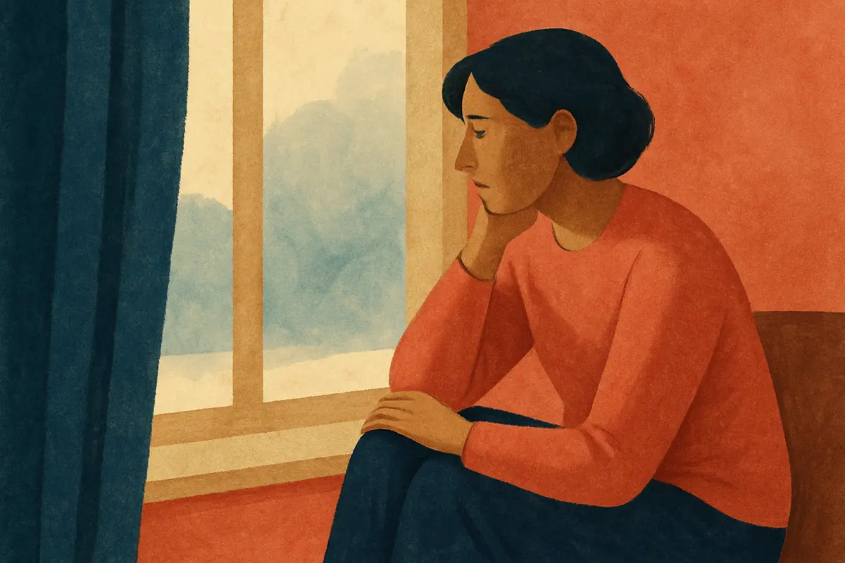 A person sitting quietly near a window, looking out with a thoughtful and tender expression, suggesting emotional weight and presence — representing the experience of grieving someone who is still alive. — anticipatory grief