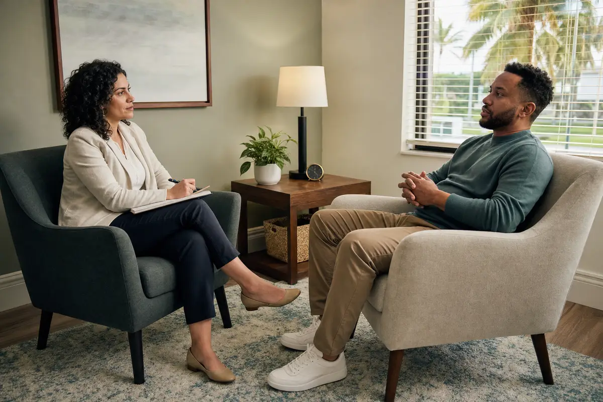 how does therapy work — A warm, plain-language visual metaphor showing the step-by-step process of a therapy session, such as two chairs facing each other in a calm room, representing the structured conversation at the center of how therapy works.