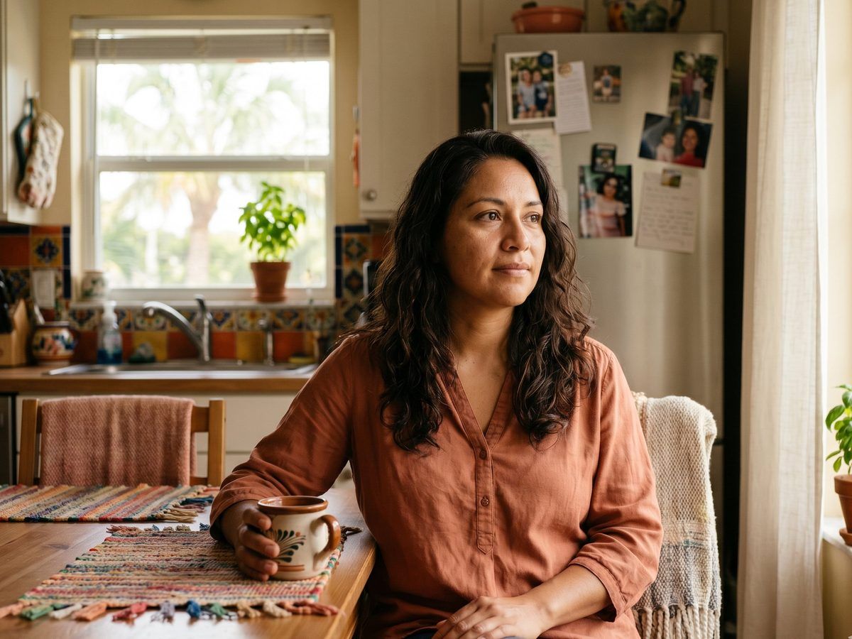 Mujer en su cocina con una taza de café