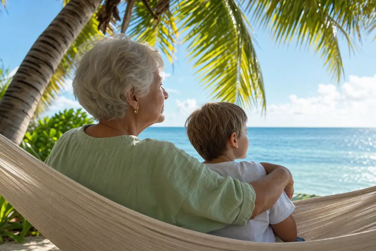 An older woman and a young child sit in a hammock under palm fronds, looking out at the ocean.