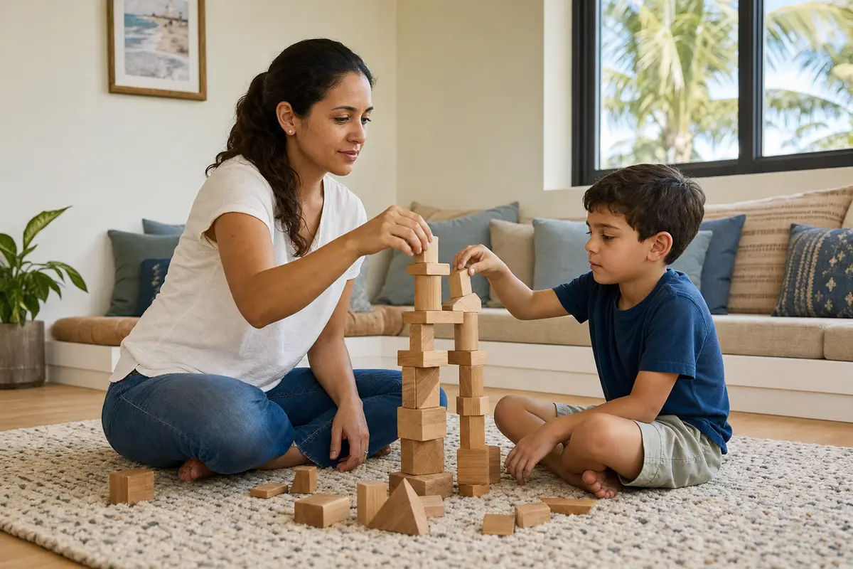 A woman and a boy building a tower of wooden blocks together on a rug in a bright room