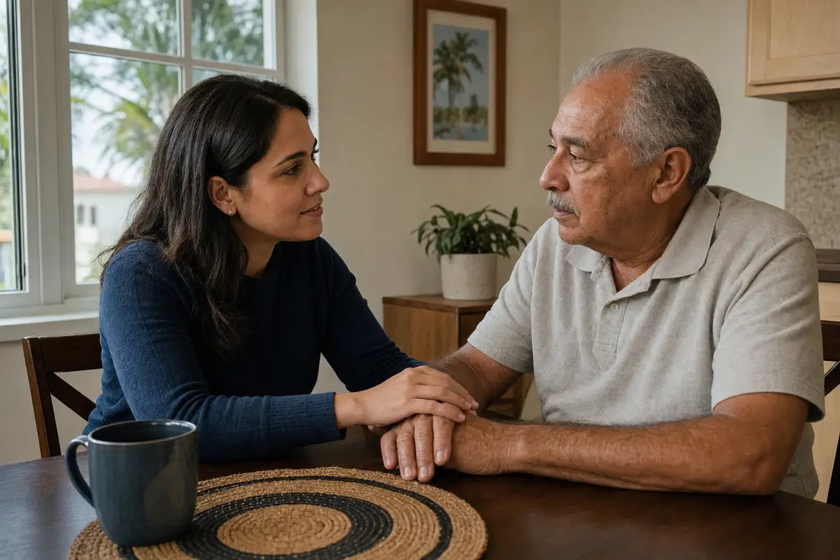 10 signs your elderly parent needs help — An adult daughter sitting at a kitchen table with her older father, gently talking while holding his hand, warm natural light conveying care and concern
