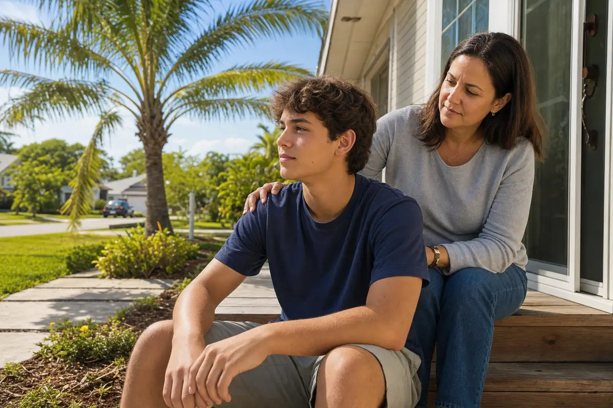 A young man seated on a porch step with an adult woman’s hand resting on his shoulder, a palm tree behind them
