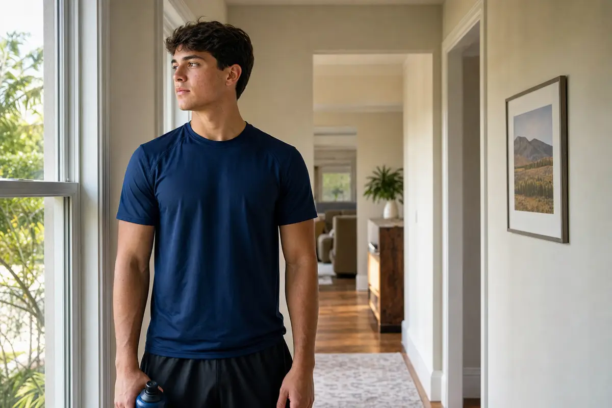 A young man in a navy T-shirt stands in a bright hallway, looking off to one side.
