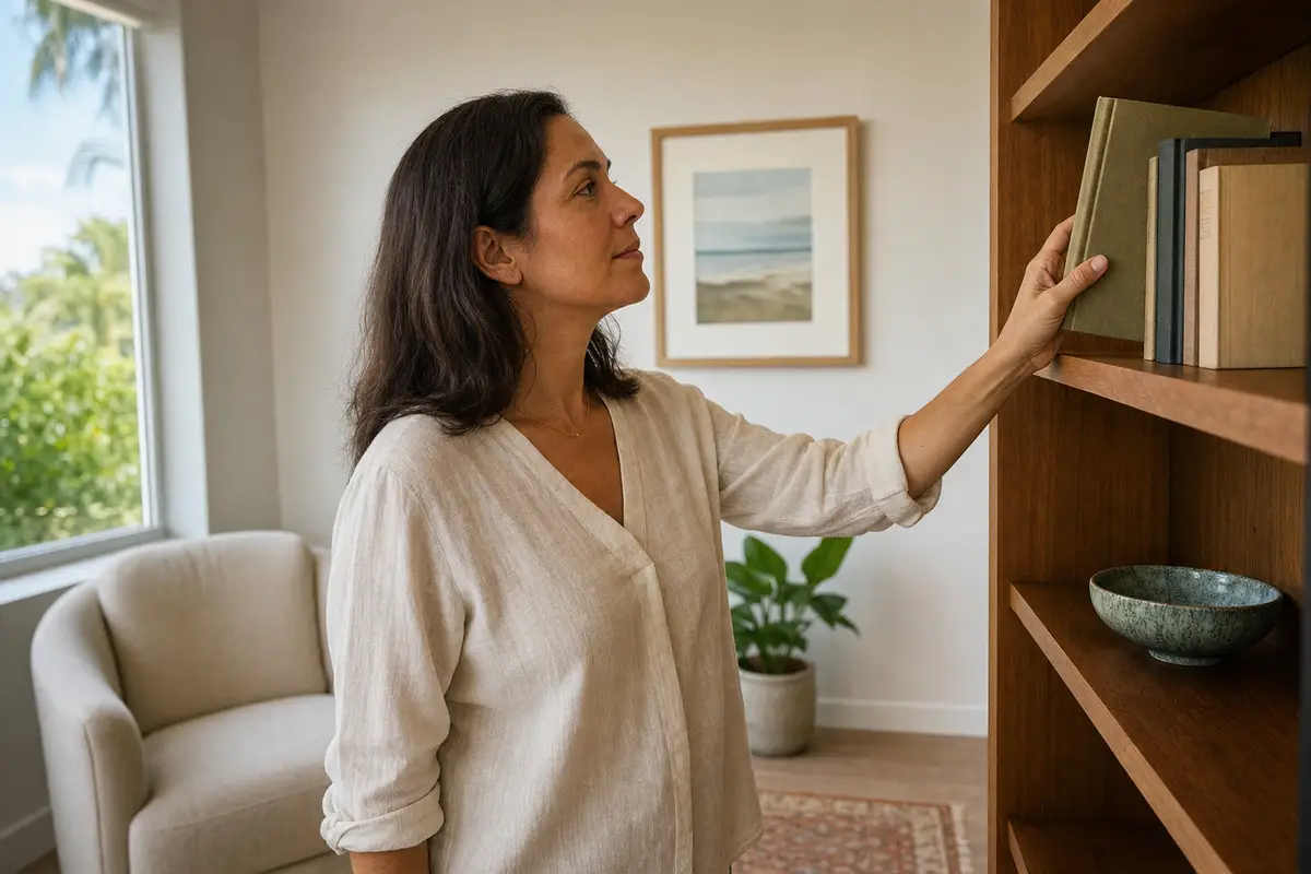 A woman in a cream linen top stands beside a wooden bookshelf, reaching up to take a closed book from the shelf, with a cream armchair and a potted plant in the room.