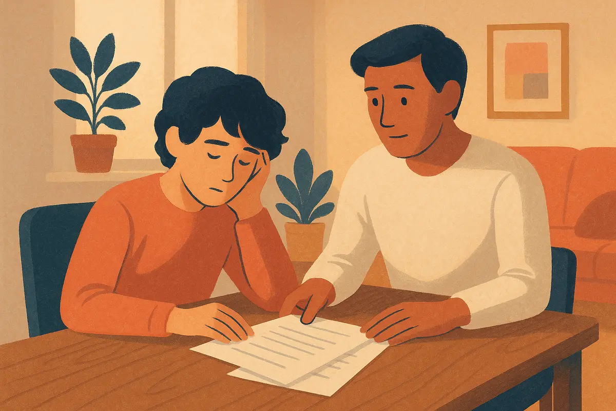 A teenage student sitting at a desk with a thoughtful parent nearby, reviewing papers together in a calm home setting, representing the ADHD evaluation conversation between families and clinicians. — can a therapist diagnose adhd