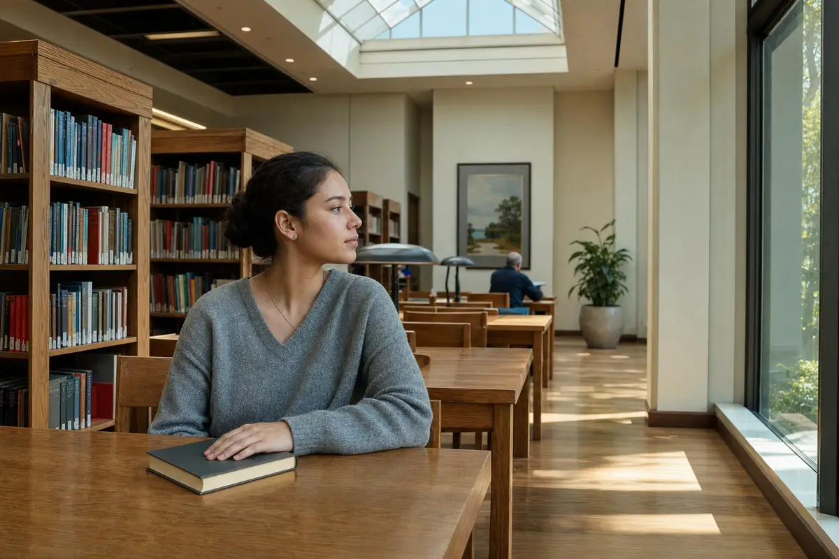 A woman in a grey sweater sits at a table in a sunlit library with a closed book beside her, looking calmly to one side.