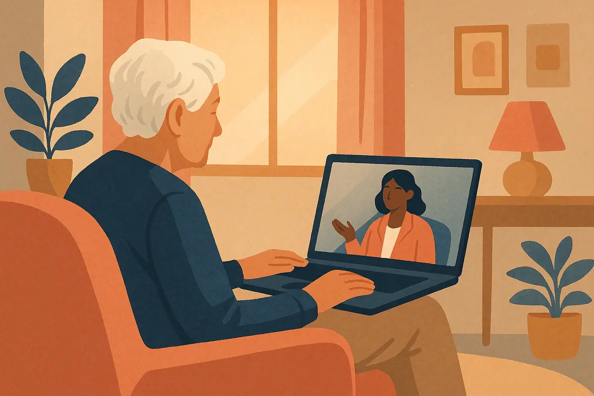 An older adult sitting comfortably at home with a laptop open, engaged in a video therapy session, with warm natural light and a calm domestic setting suggesting accessibility and ease of care. — is online therapy covered by insurance