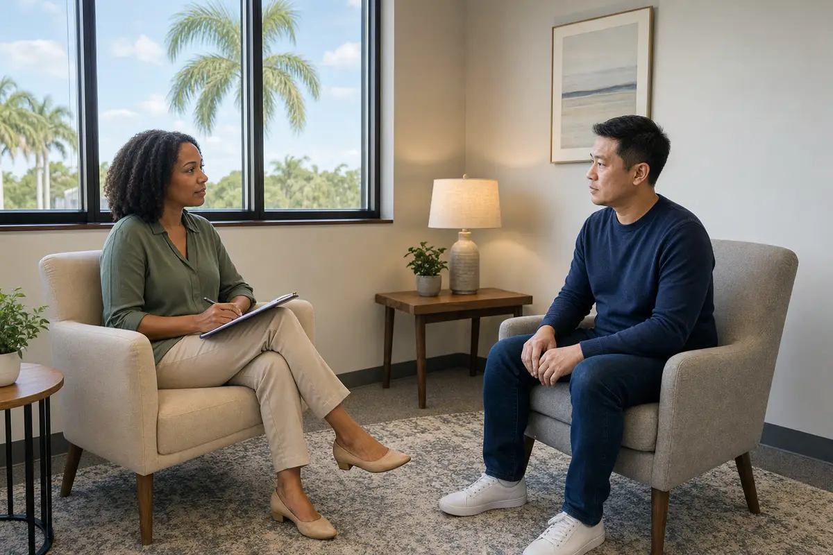 adhd test for adults — An adult sitting across from a clinician during a calm, structured conversation that represents an ADHD evaluation.