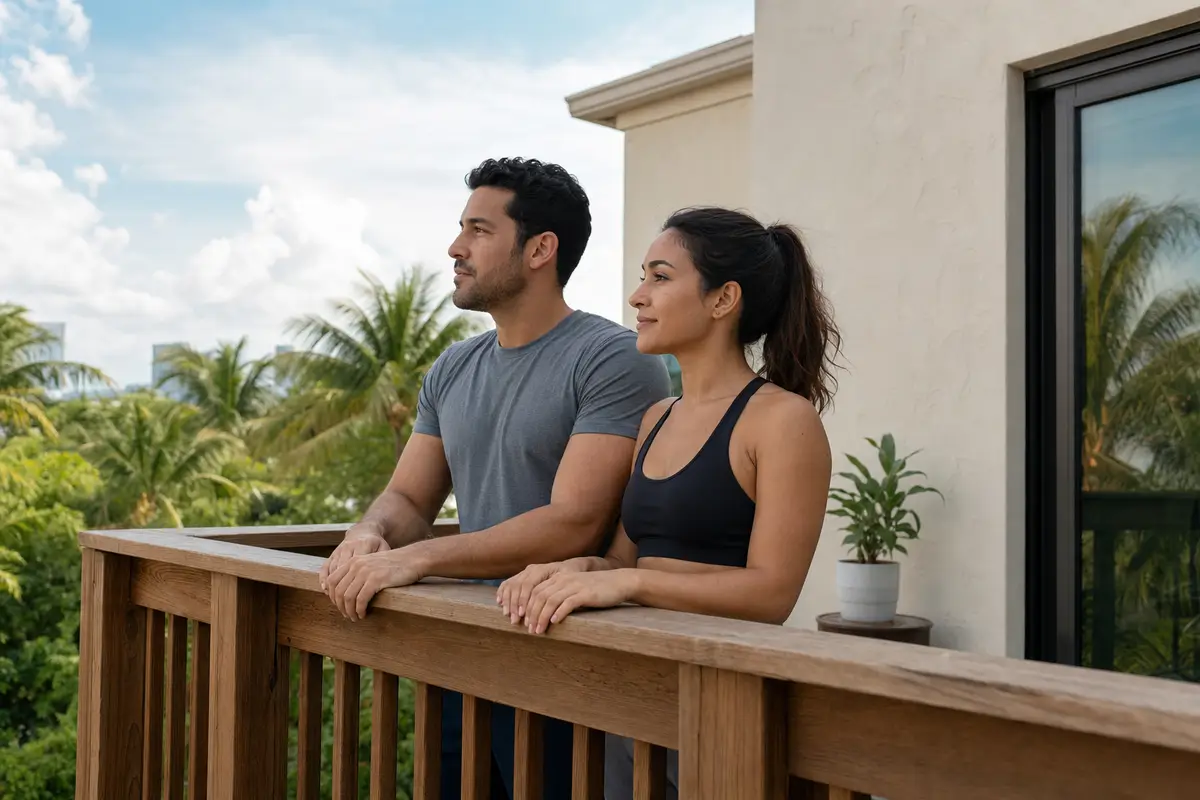A man and a woman lean side by side on a wooden balcony rail, looking out together, with palm trees and a sunlit courtyard behind them.