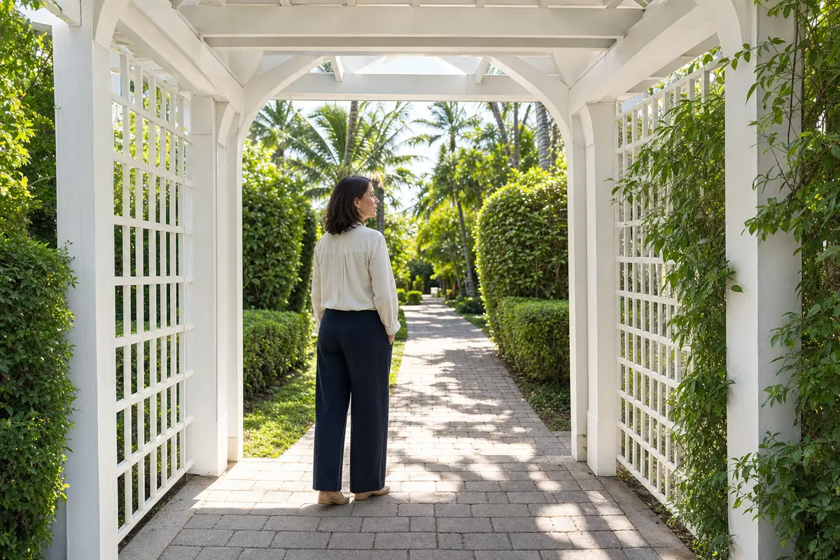 what to expect during treatment for an eating disorder — A woman in cream trousers walks along a garden path between white lattice arbors and clipped hedges.