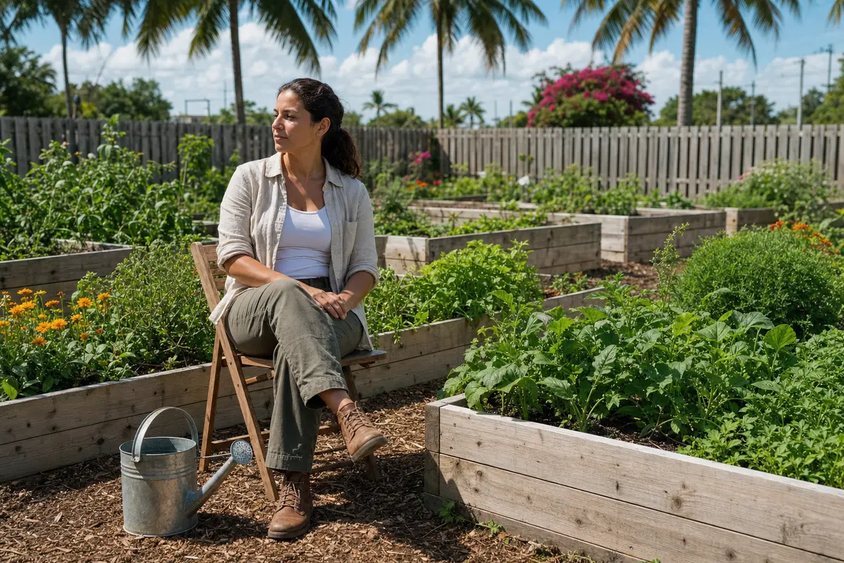 A woman sits on a wooden chair beside a raised garden bed, with a watering can and leafy plants around her.