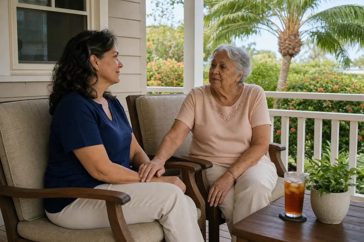 Two women seated together on a covered porch, one resting a hand on the other’s arm, with iced tea on the table