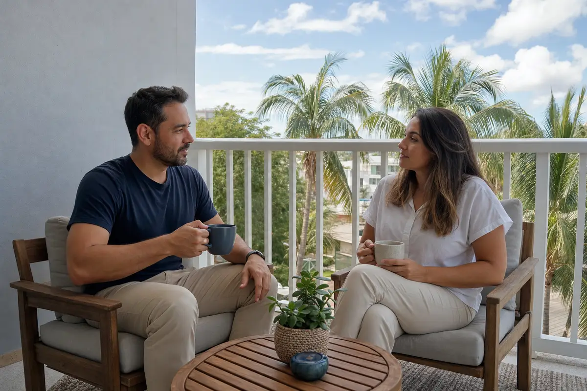 A man and a woman sitting on a sunny balcony with coffee mugs, palm trees beyond the railing