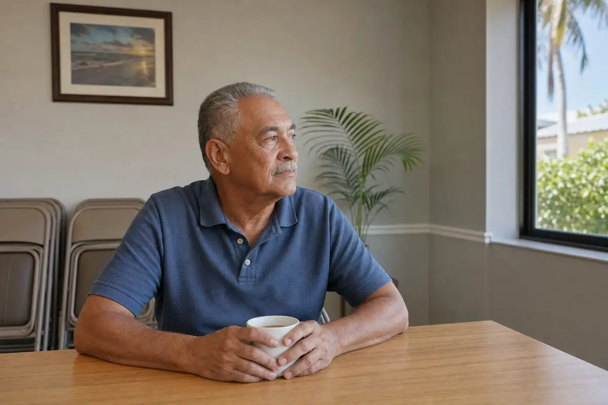 An older man in a blue polo shirt sits at a light wooden table, holding a white mug of coffee in both hands and looking toward a window, with stacked folding chairs behind him.