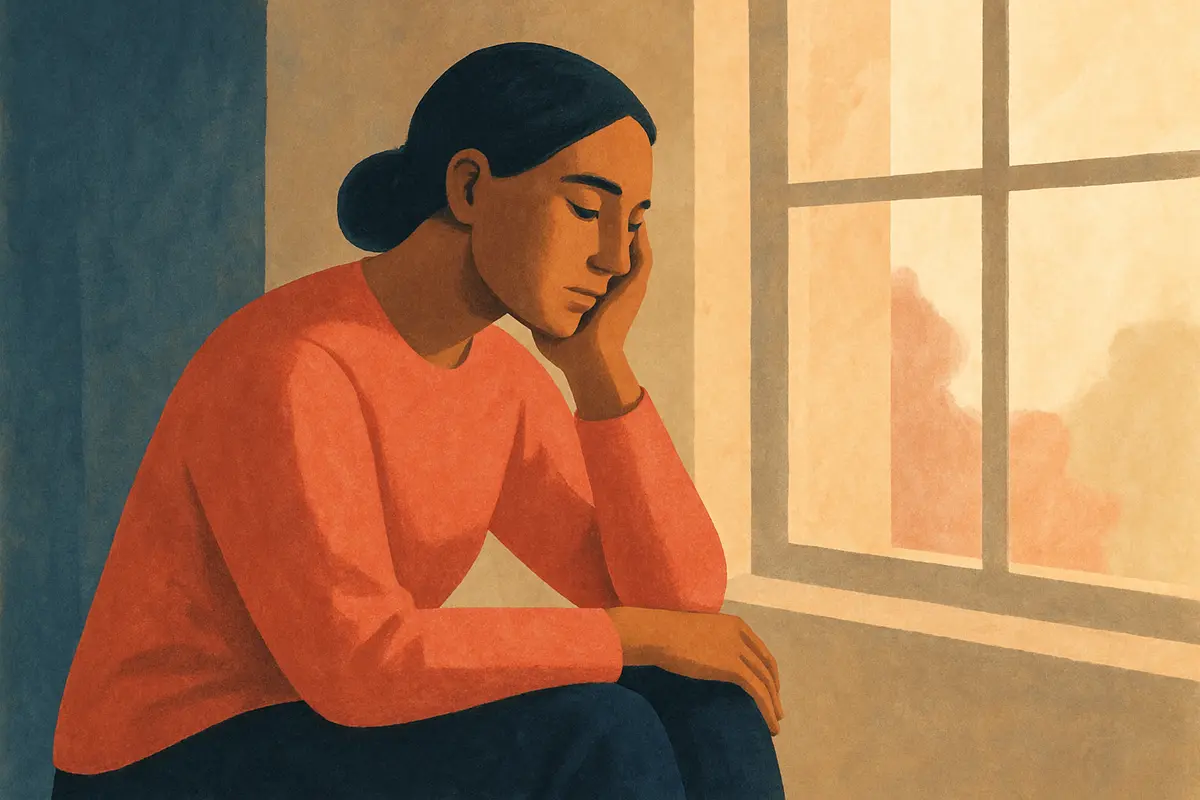 A thoughtful adult sitting quietly near a window, looking reflective but calm, suggesting self-inquiry and the quiet moment before deciding to seek help. — do i need therapy