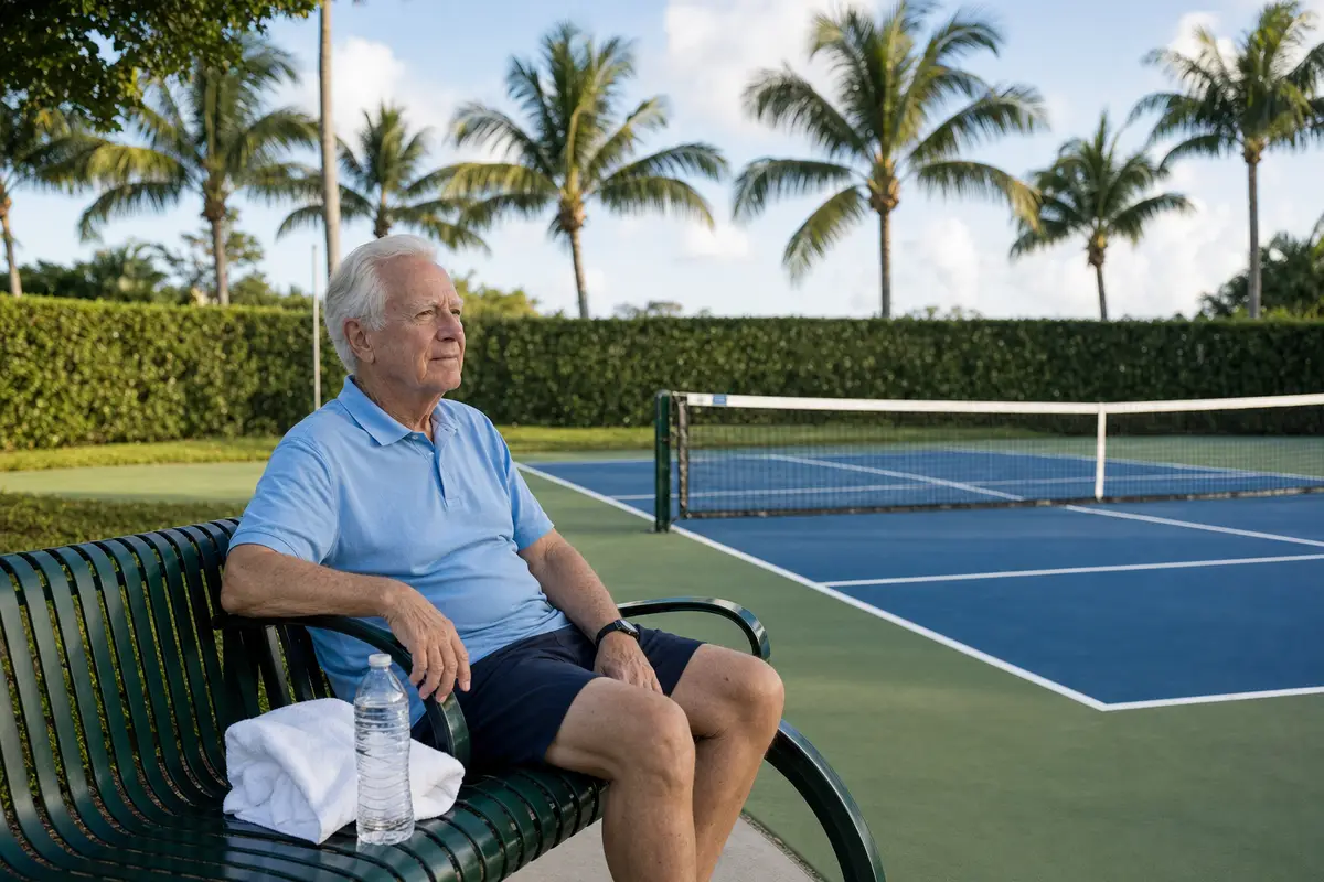 An older man in a pale-blue polo shirt sits on a green bench beside a pickleball court, with a water bottle and towel beside him and palm trees behind.