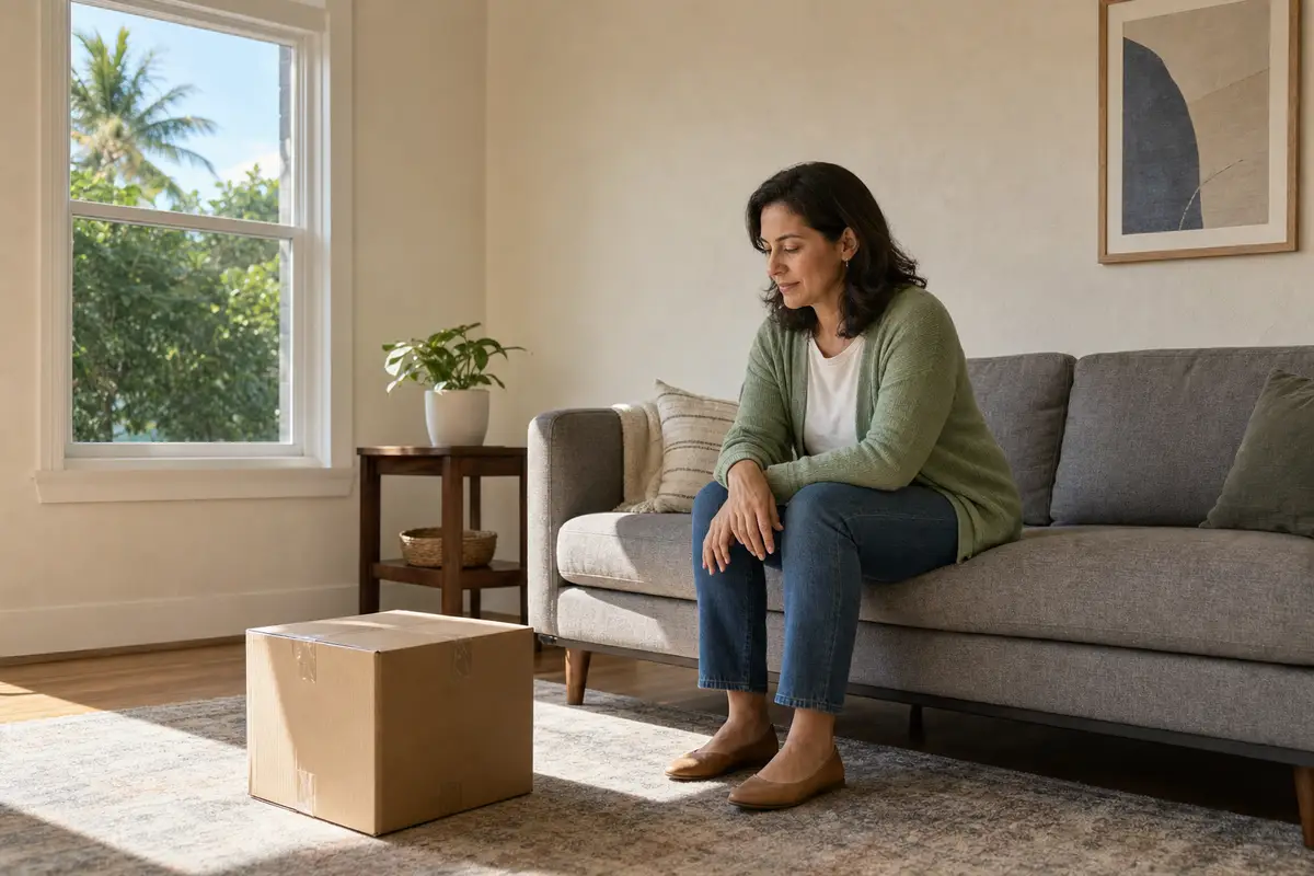 A woman sitting on a grey sofa in a bright living room, looking down at a closed cardboard box on the rug.