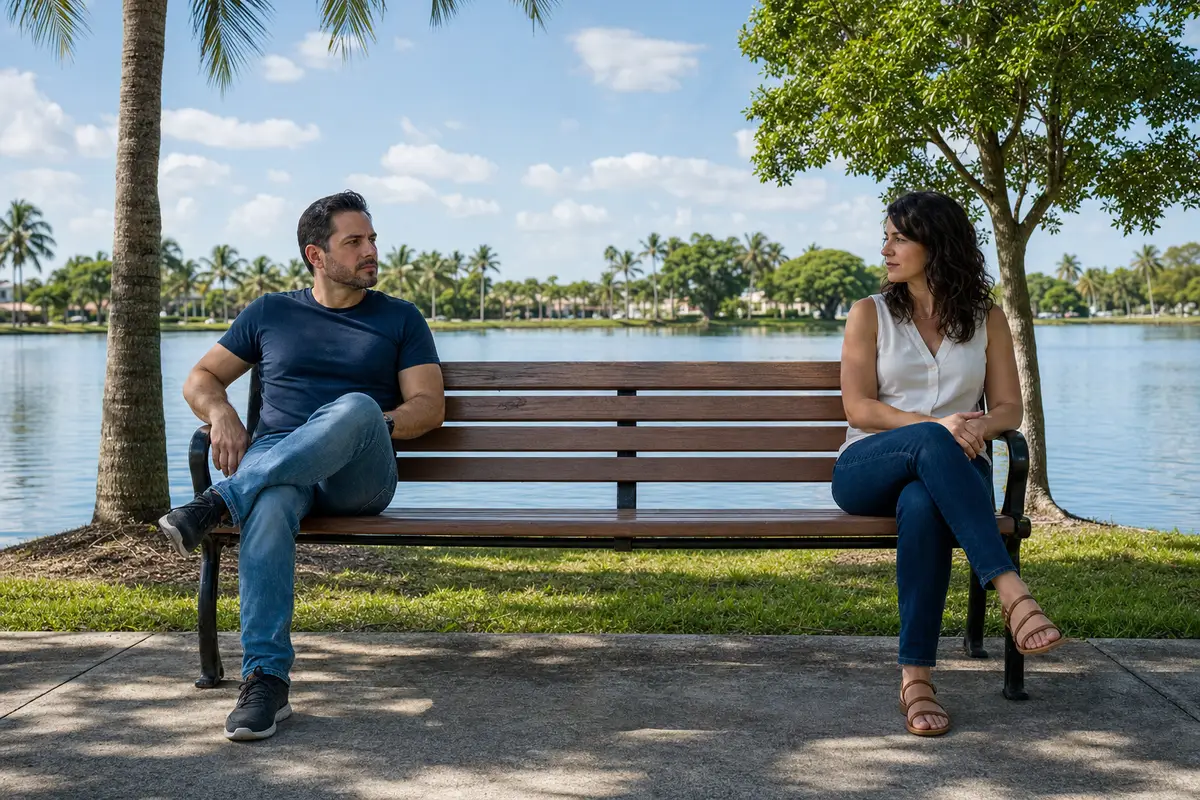A man in a navy shirt and a woman in white sit on a wooden bench by a lake, with palm trees behind them.
