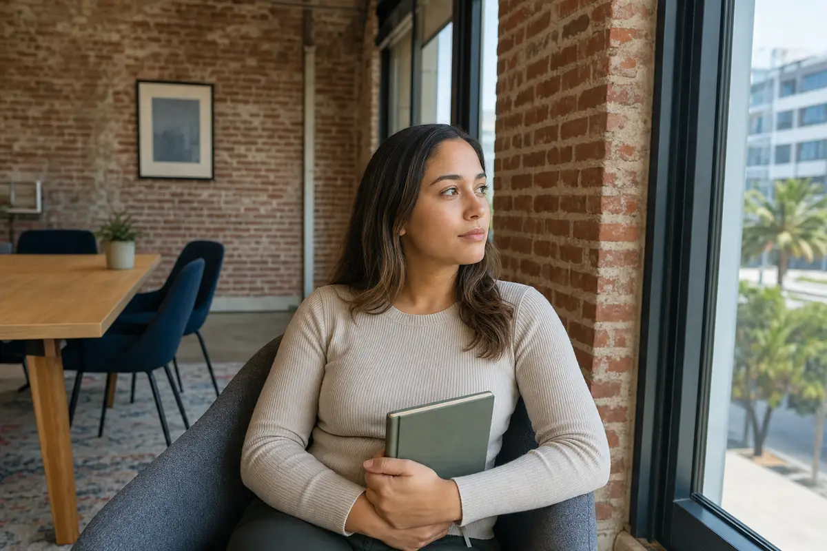 A woman in a grey sweater sits in a chair holding a closed book against her chest, with a brick wall and a window behind her.