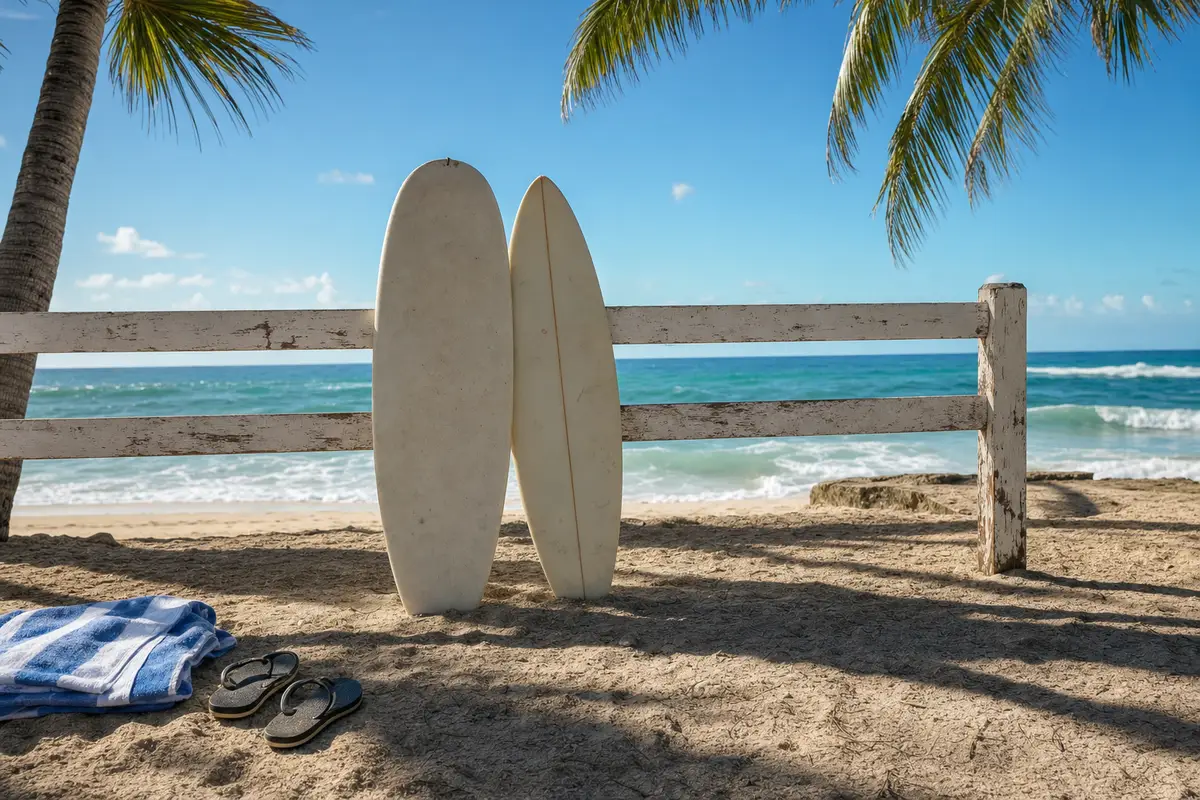 Two surfboards stand upright on a sandy beach beside a wooden fence, with blue water behind them. No people are present.