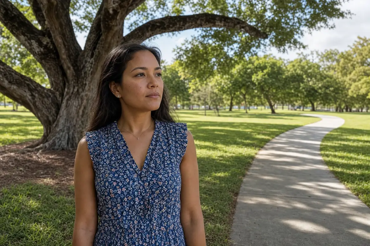 A woman in a blue sleeveless dress stands on a sunlit lawn beside a curving tree-lined path.