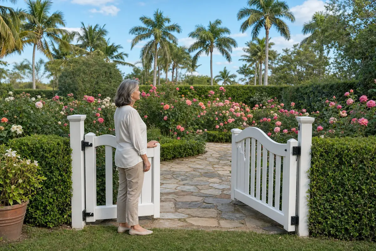 An older woman in a light blouse stands at a white garden gate among flowering shrubs and palm trees.