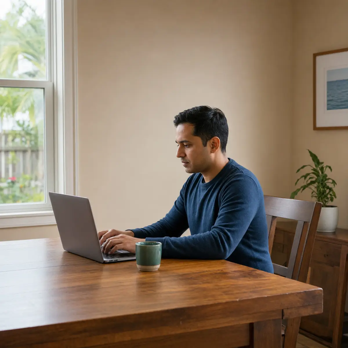 A man at a wooden table at home working on a laptop, its screen turned away from the camera
