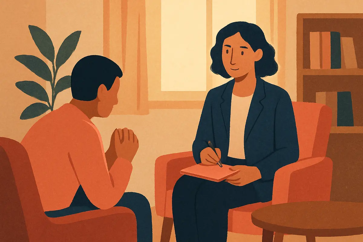 A person sitting across from a calm, attentive therapist in a warmly lit, private office setting, conveying trust and thoughtful conversation. — how to choose a therapist