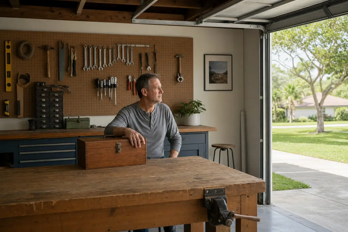 A man in a grey henley leans on a tidy garage workbench beside a closed wooden toolbox, looking toward the open garage door.