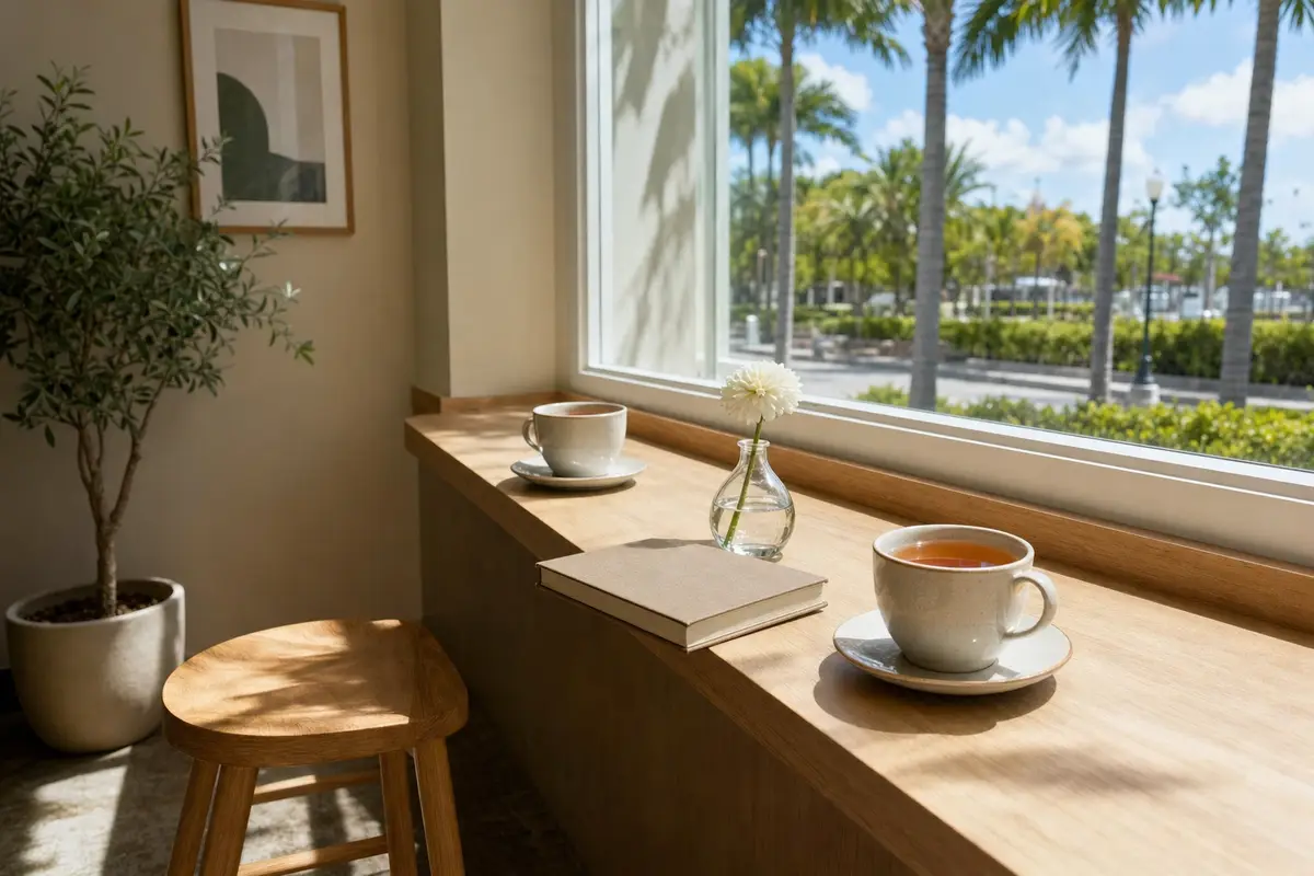 A teacup and a closed book sit on a wooden windowsill by a window with palm trees outside. No people are present.