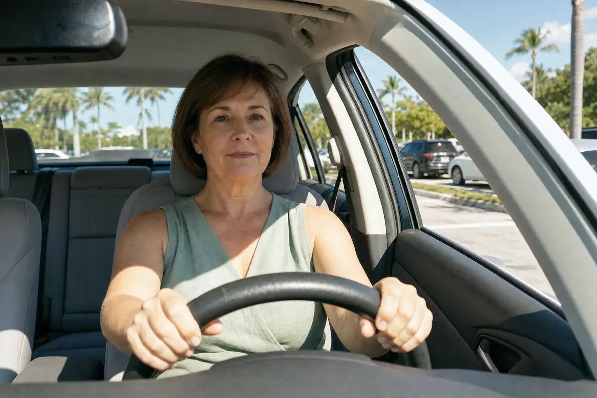A woman with short brown hair sits at the wheel of a car, looking ahead.