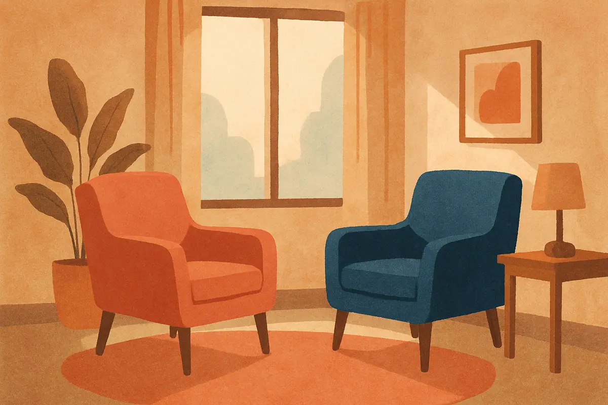 A warm, private therapy room with two chairs facing each other near a window, soft natural light, no people visible, conveying calm and readiness for an honest conversation. — what to expect in your first therapy session