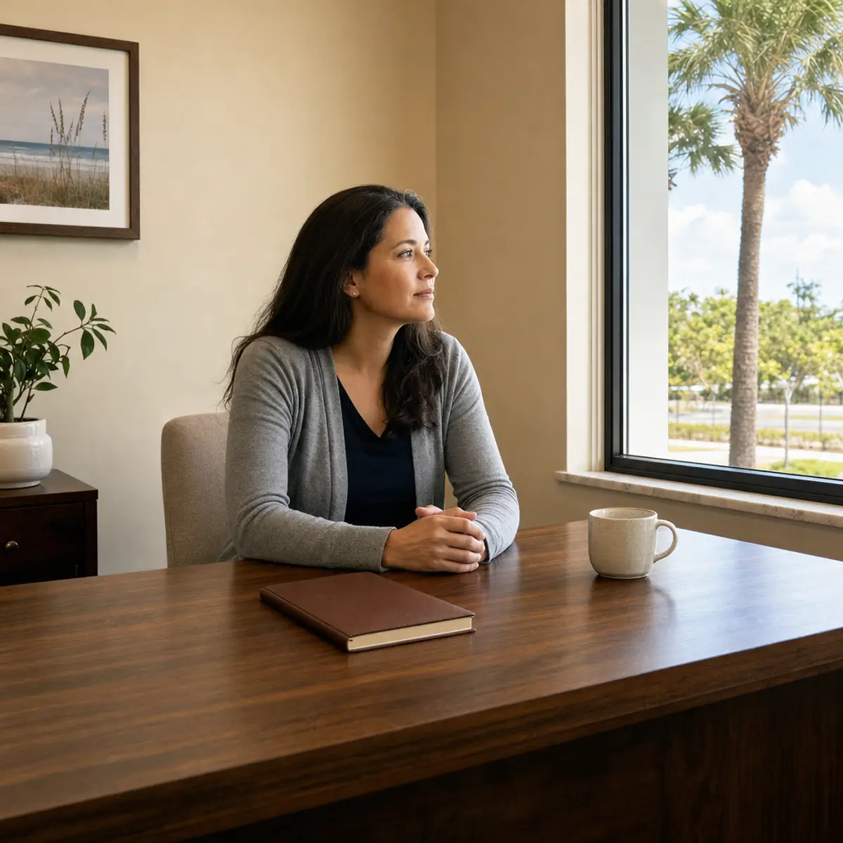 A woman in a grey cardigan seated at a wooden desk by a window, a closed planner and a mug beside her, looking out the window