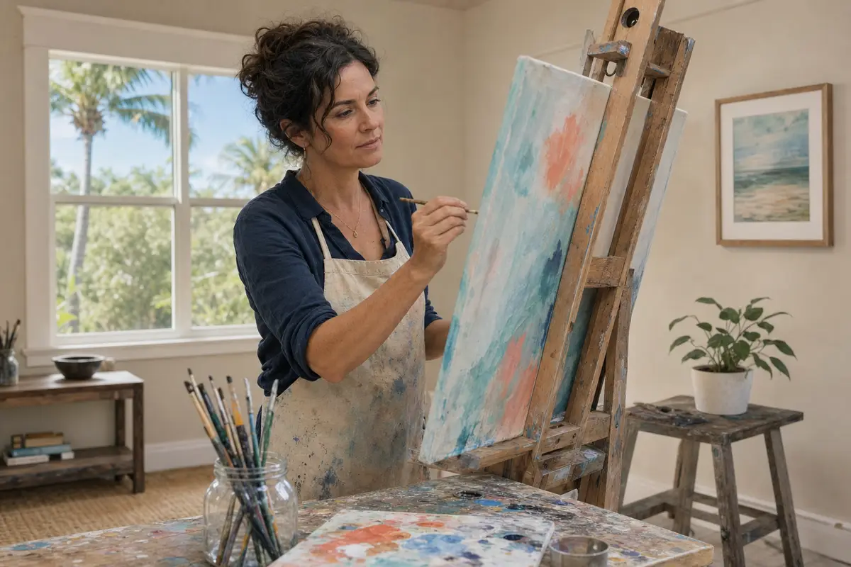 complex ptsd — A woman paints at a wooden easel in a bright studio, brush raised, with a window of palm trees behind her.