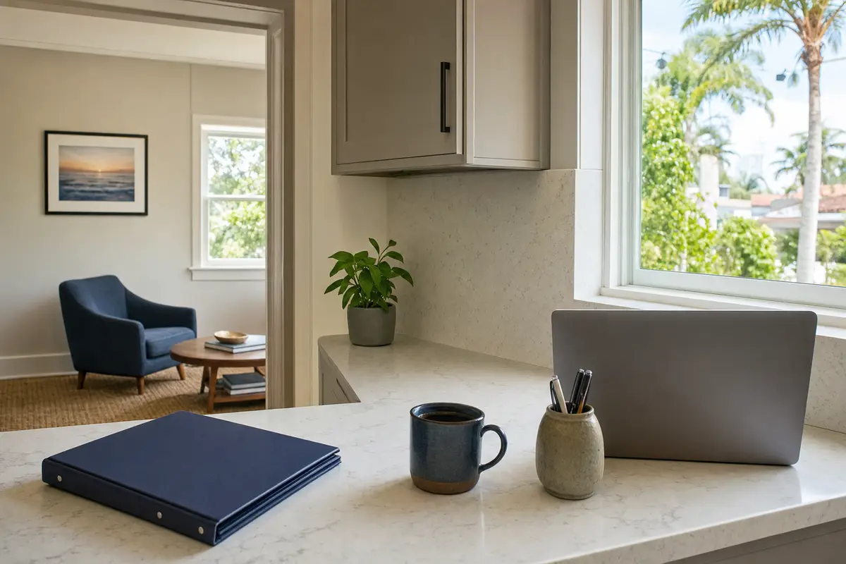 A kitchen counter with a laptop seen from behind, a mug, a pen holder and a navy folder, with a window and a sunlit room behind. No people are present.