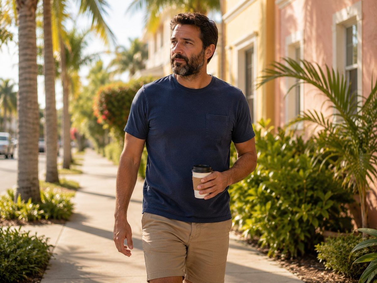 Man walking on a sunny Florida sidewalk