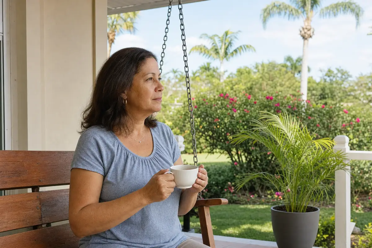 grief stages — A woman in a grey-blue top sits on a wooden porch swing holding a white cup of tea in both hands, looking out at a garden with pink flowers and palm trees.