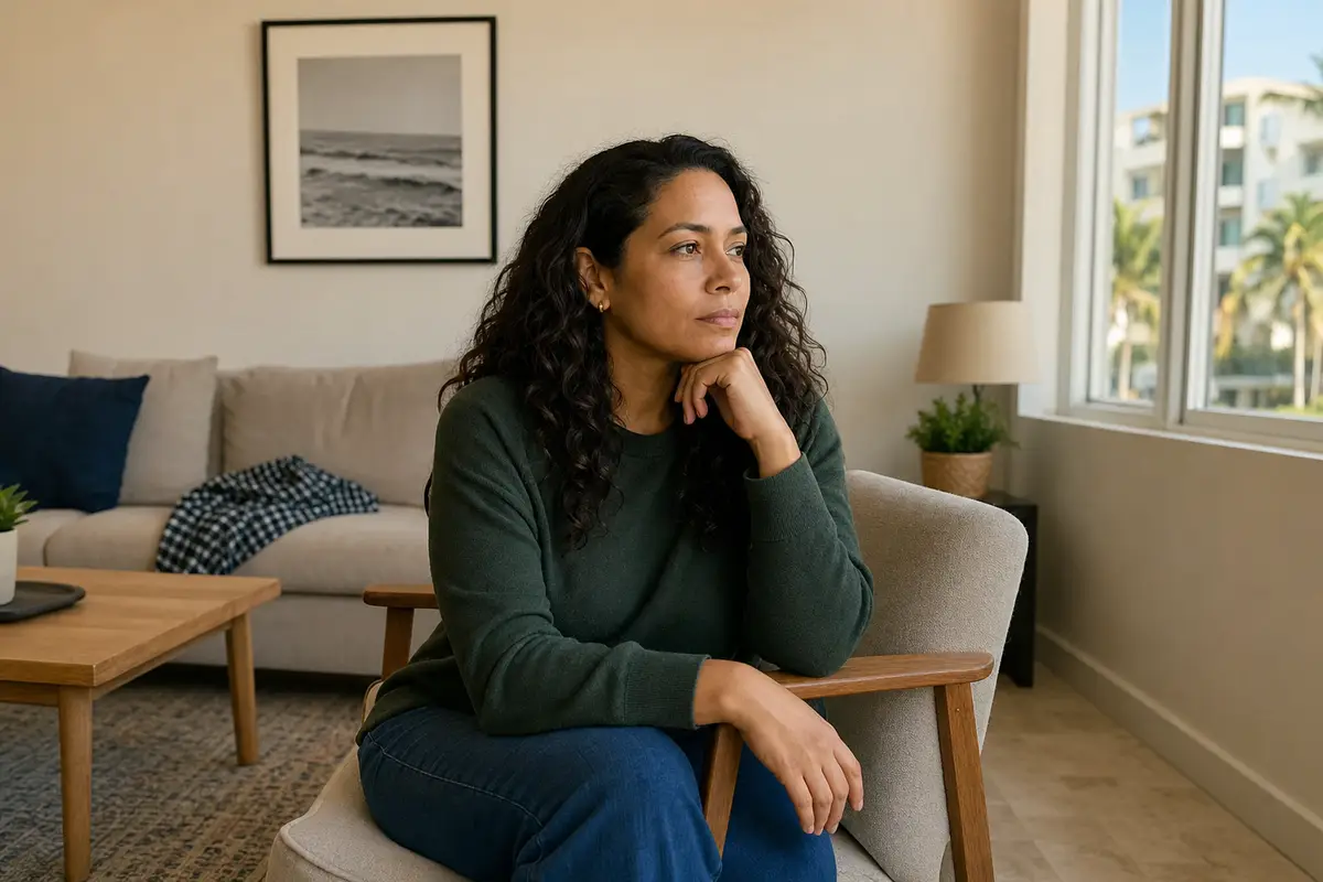 A quiet, warm portrait-style image representing an adult reflecting on early life experiences, symbolizing the lasting emotional effects of childhood trauma in adults.
