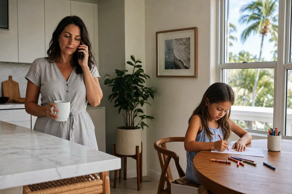 A woman in a grey linen dress talks on a phone and holds a white mug in a bright kitchen, while a young girl draws with crayons at a wooden table by a window.