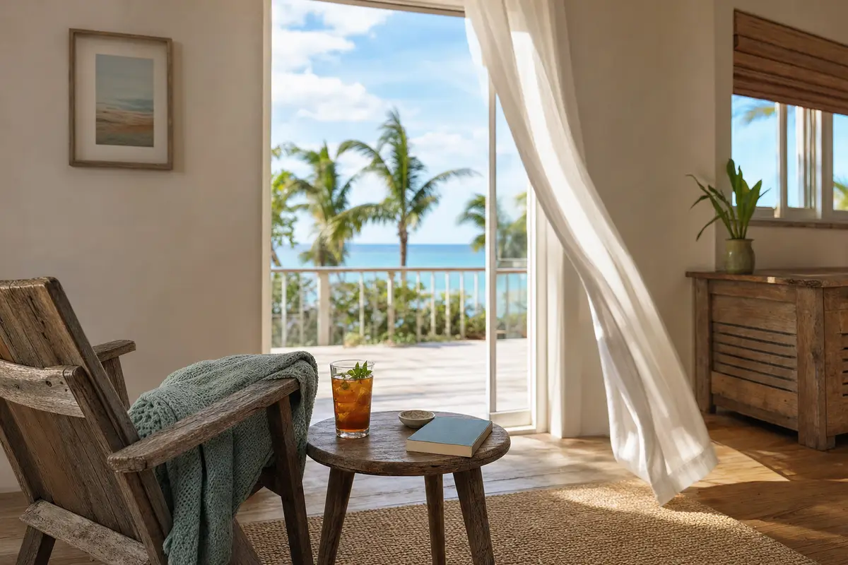 A wooden chair beside a window with a sheer white curtain, and a small table with a drink, overlooking palm trees and the sea. No people are present.