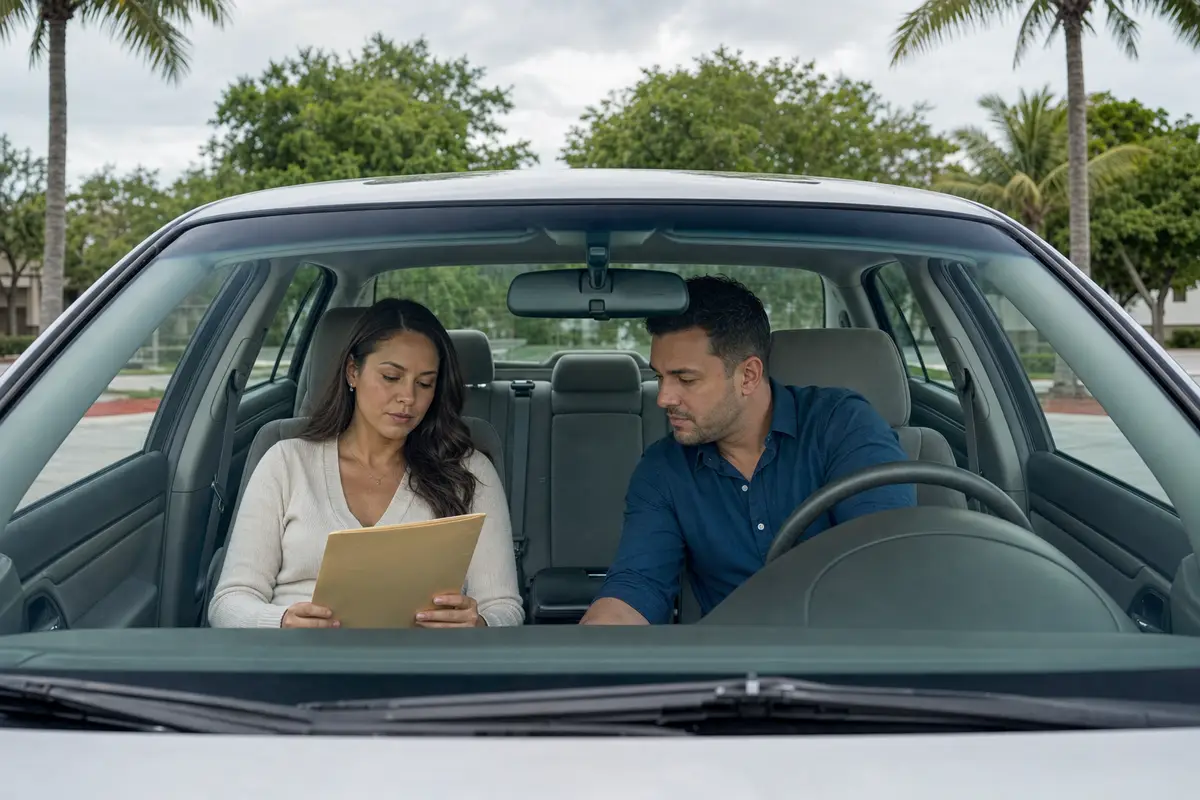 A woman and a man sit in a parked car looking down at a manila folder on her lap, with the windshield and palm trees visible through the glass.