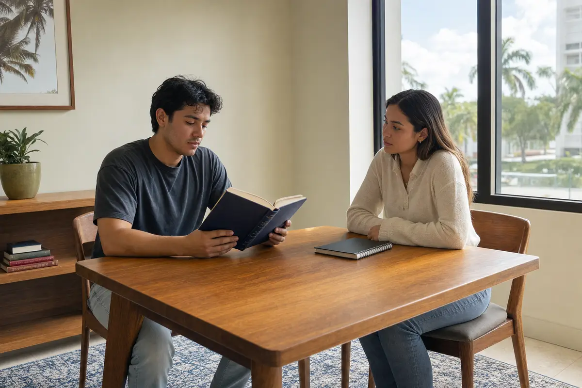 Two students at a wooden study table, one reading an open book while the other sits across from them