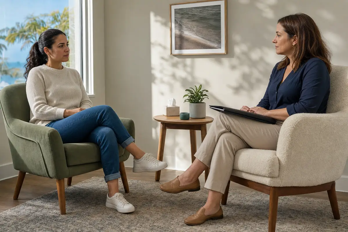 Two women in armchairs facing each other across a small side table with a plant and a tissue box