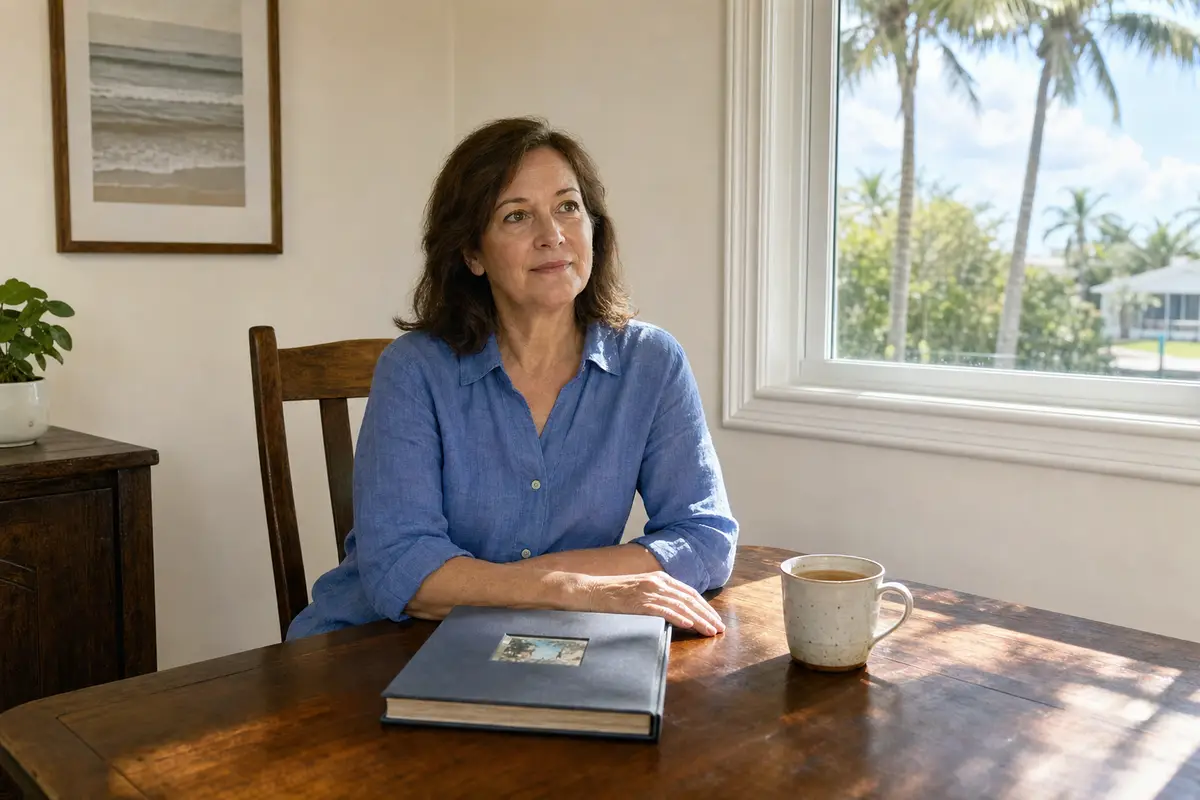 empty nest syndrome — A woman in a blue linen shirt sits at a wooden dining table by a window, a closed photo album and a cup of tea in front of her, looking up thoughtfully.